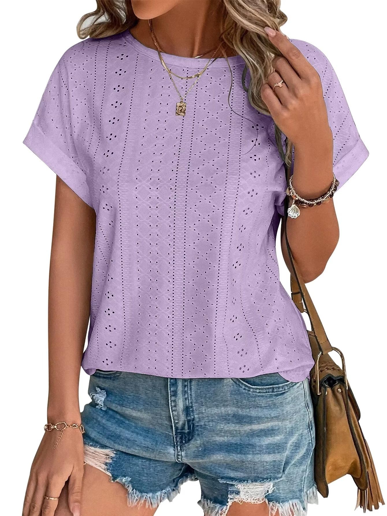 Bliwov Women's Summer Short Sleeve Embroidery Eyelet Blouses