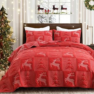 Grassix Christmas Quilt Set Queen Size, Holiday Bedding Coverlet, Red
