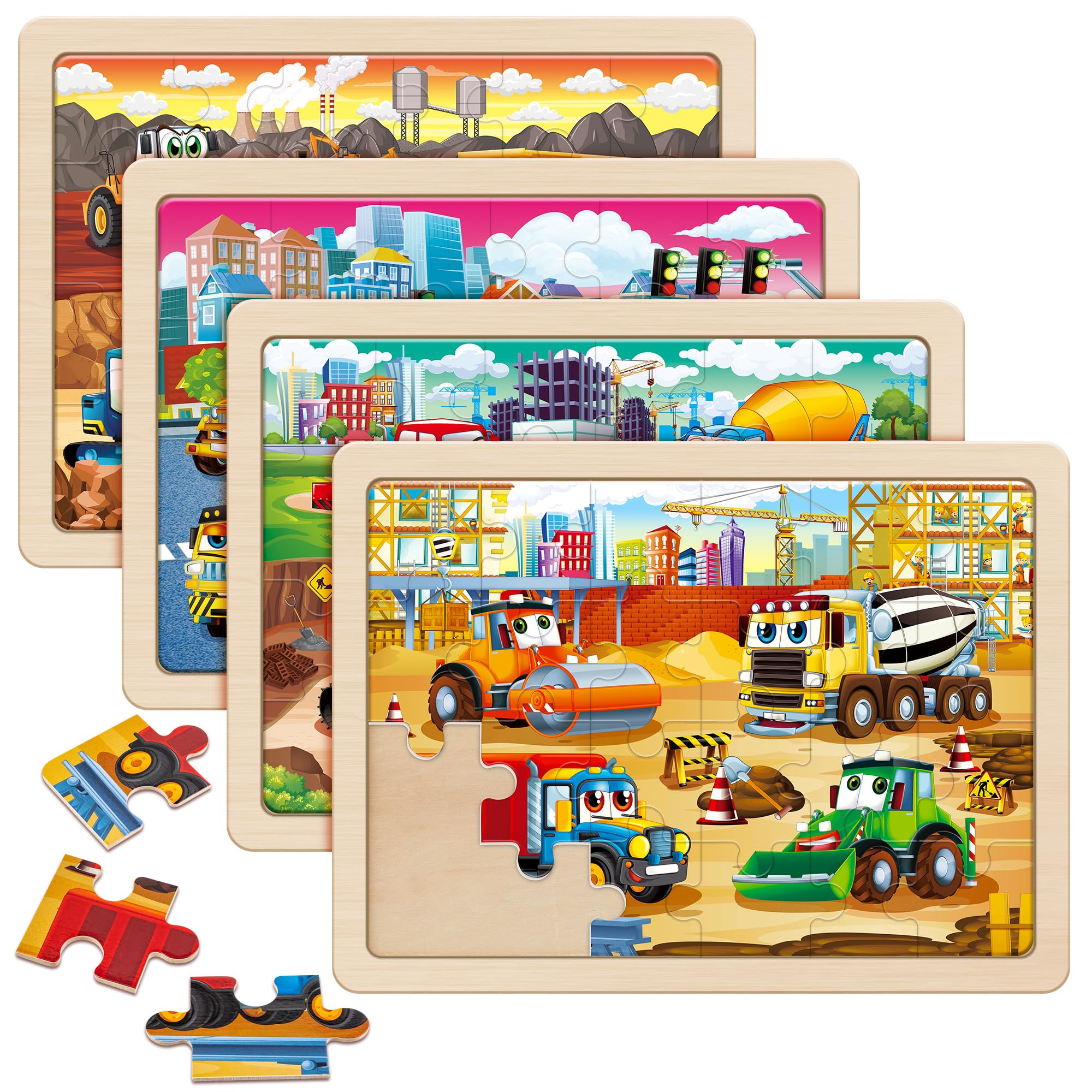 SYNARRY Large Wooden Construction Vehicle Puzzles for Kids Ages 4-6 | Monster Tr