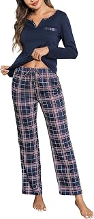 Bresdk Women's Long Pyjama Set, Cotton, Checked Sleepwear