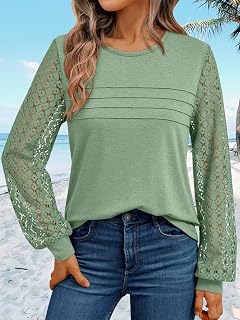 Women Shirts Long Sleeve Round Neck Lace Tops Casual Work Blouses T-Shirts Trendy 2025 Autumn Fashion Clothes