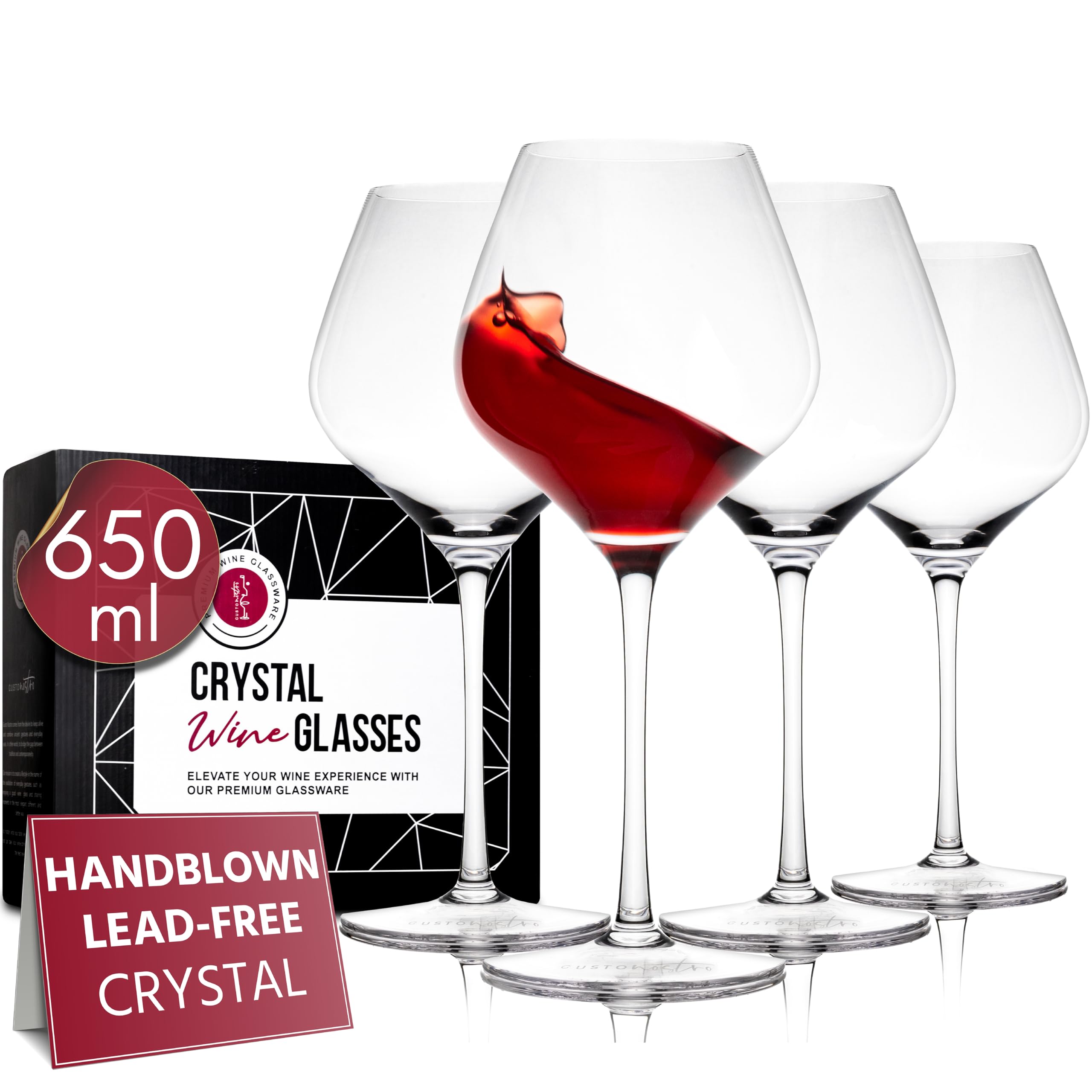 Gusto Nostro Crystal Wine Glasses Set of 4, 650ml Long Stem Modern Wine Glasses 