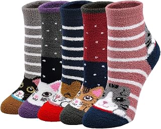 5 Pairs Womens Fluffy Thermal Socks Warm Cozy Winter Socks Animal Pattern Super Warm Soft Cute Christmas Socks Size 4-7