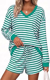 Ekouaer Conjunto de 2 piezas de manga larga a juego para mujer, casual, a rayas