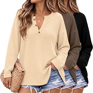 Huukeay 3Pcs Women Waffle Oversized Shirt Henley Long Sleeve Top
