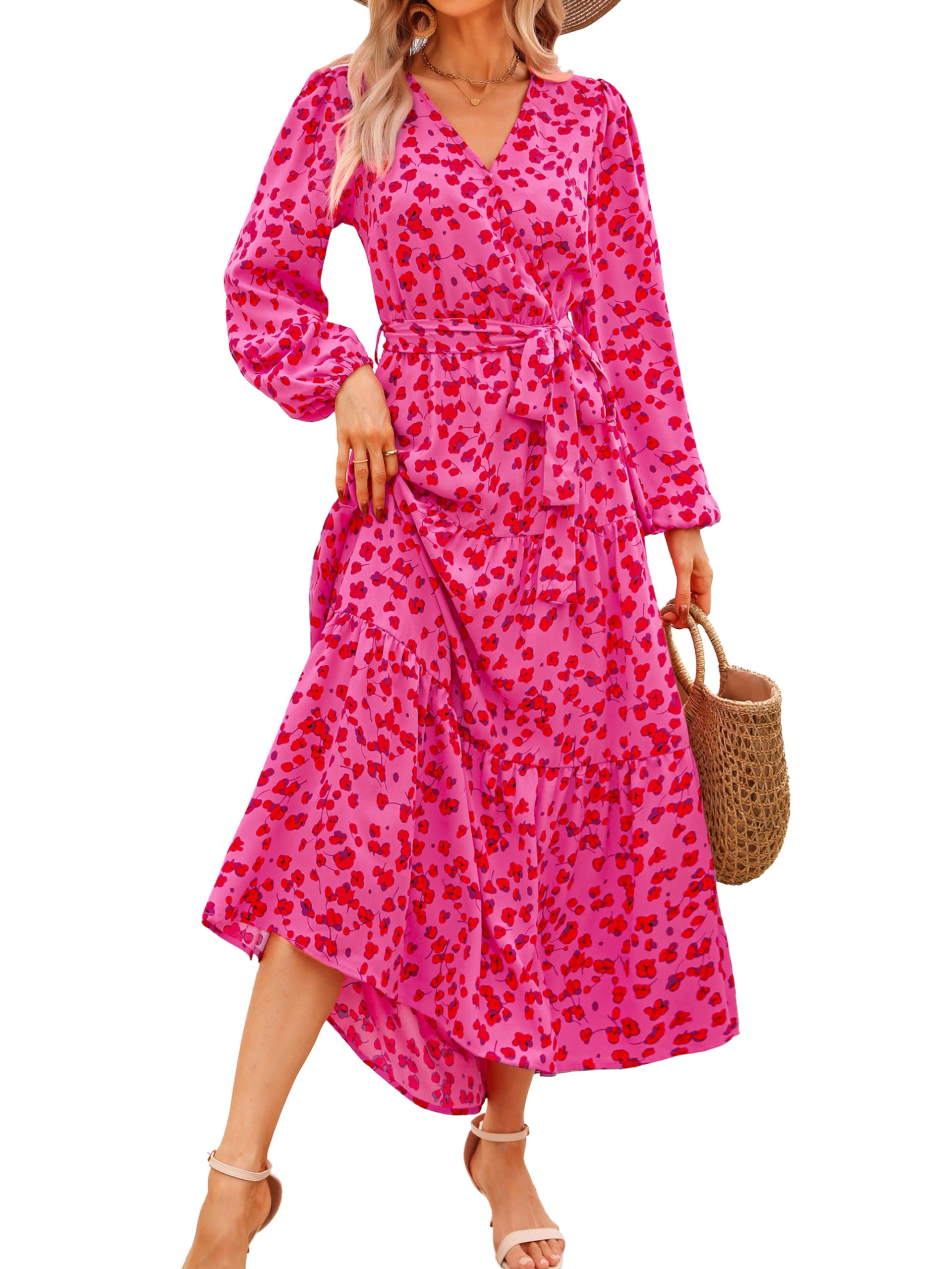 PRETTYGARDEN Womens Long Sleeve Boho Floral Wrap Maxi Dress
