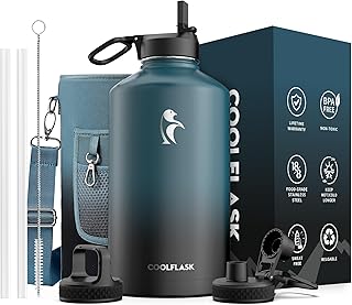 Coolflask - Insulated Water Bottle, Double Vacuum Leak Proof Easy to Clean Insulated Water Bottle with Straw, 3 Lids, Stainless Steel Thermos Flask for Sports and Office, 128 oz, Indigo Black
