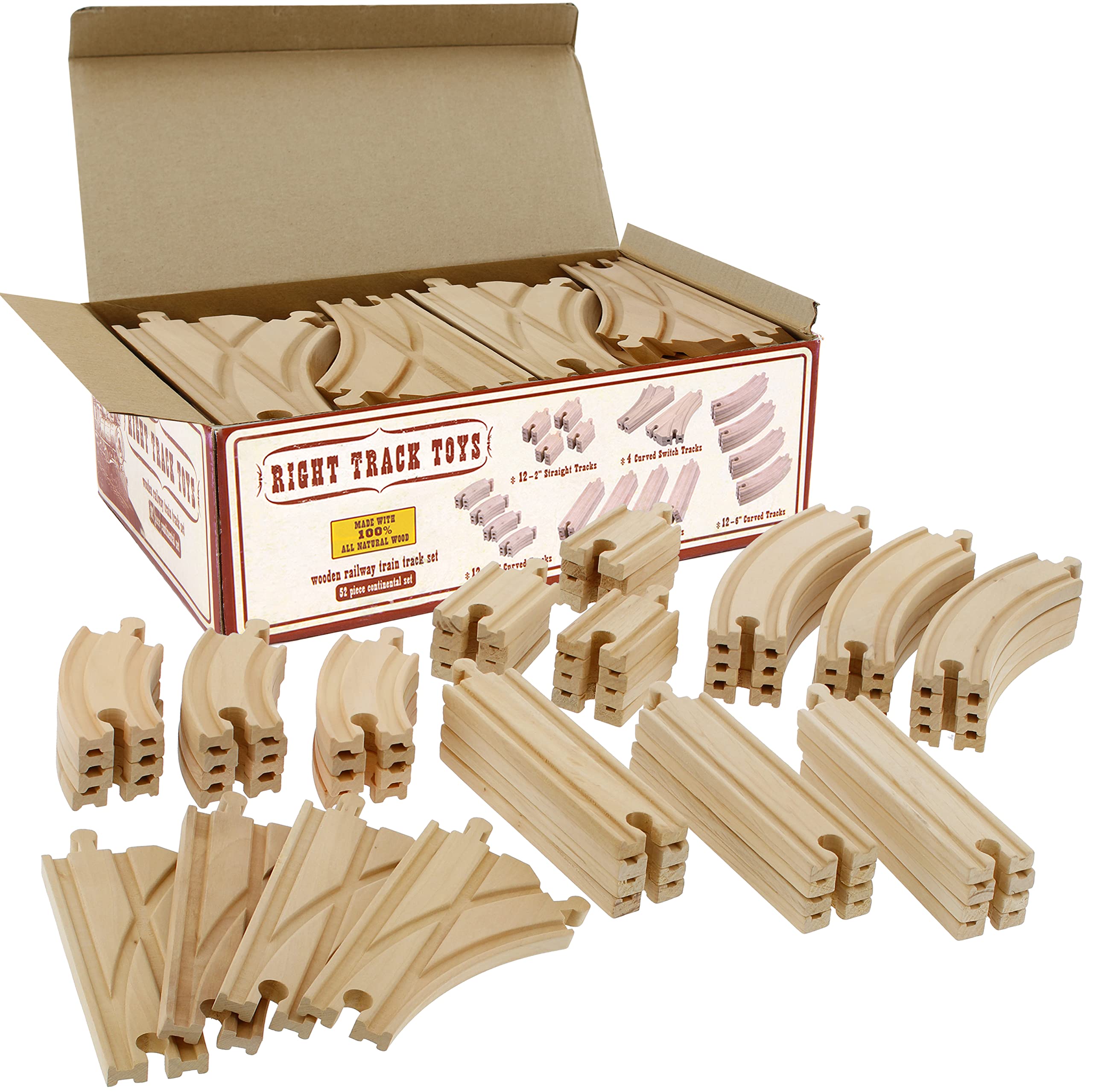 Wooden Train Track 52 Piece Set - 18 Feet Of Track Expansion And 5 Distinct Piec