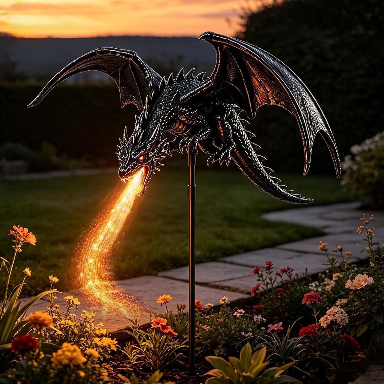 Solar Dragon Fire Garden Light, Dragon Garden Stake Outdoor Decor (Black) | Fire
