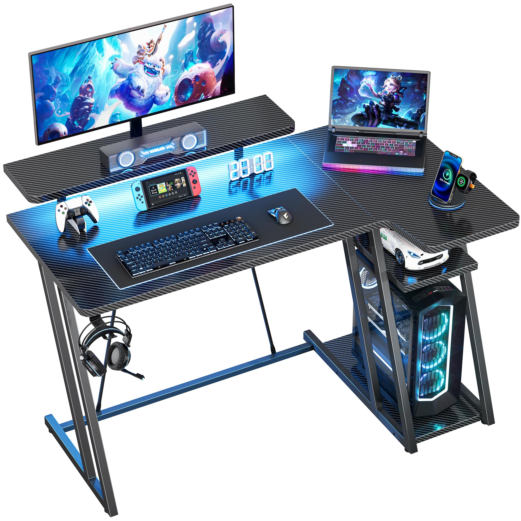 HOMIDEC 100cm L Shaped Gaming Desk, Computer Corner Desk with LED Lights | Smart App LED Lights, Carbon Fiber Surface, PC Desk with Ergonomic Monitor Stand, 2 Storage Shelves & Hook, Sturdy Z-legs