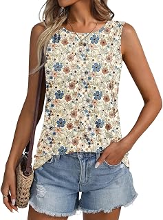 ORANDESIGNE Women Floral Pattern Round Neck Sleeveless Casual Summer Loose Tank Tops