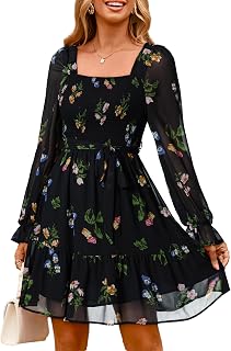 Simplee Womens Floral Long Sleeve Mini Dress Boho Square Neck Smocked A-Line Flowy Short Wedding Guest Dresses