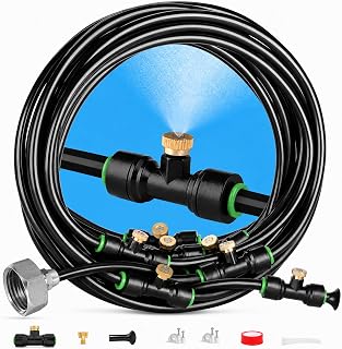 Misters for Outside Patio 63FT(19.2M)+21 Brass Mist Nozzles+a Brass Adapter(3/4") Detachable outdoor misting cooling system for Garden, waterpark, Greenhouse, Backyard, Fan, Umbrella, Deck, Canopy