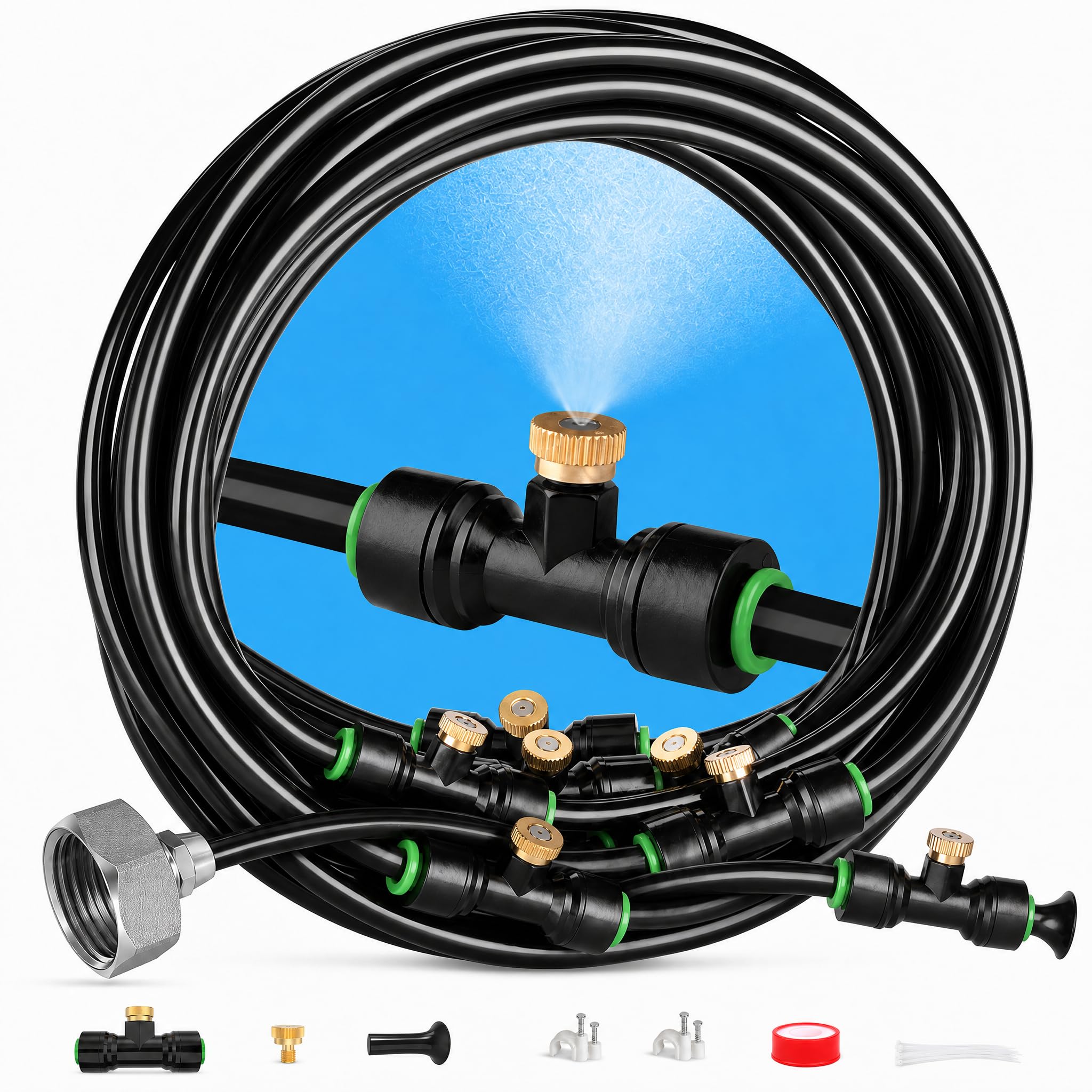 Misters for Outside Patio 63FT(19.2M)+21 Brass Mist Nozzles+a Brass Adapter(3/4"