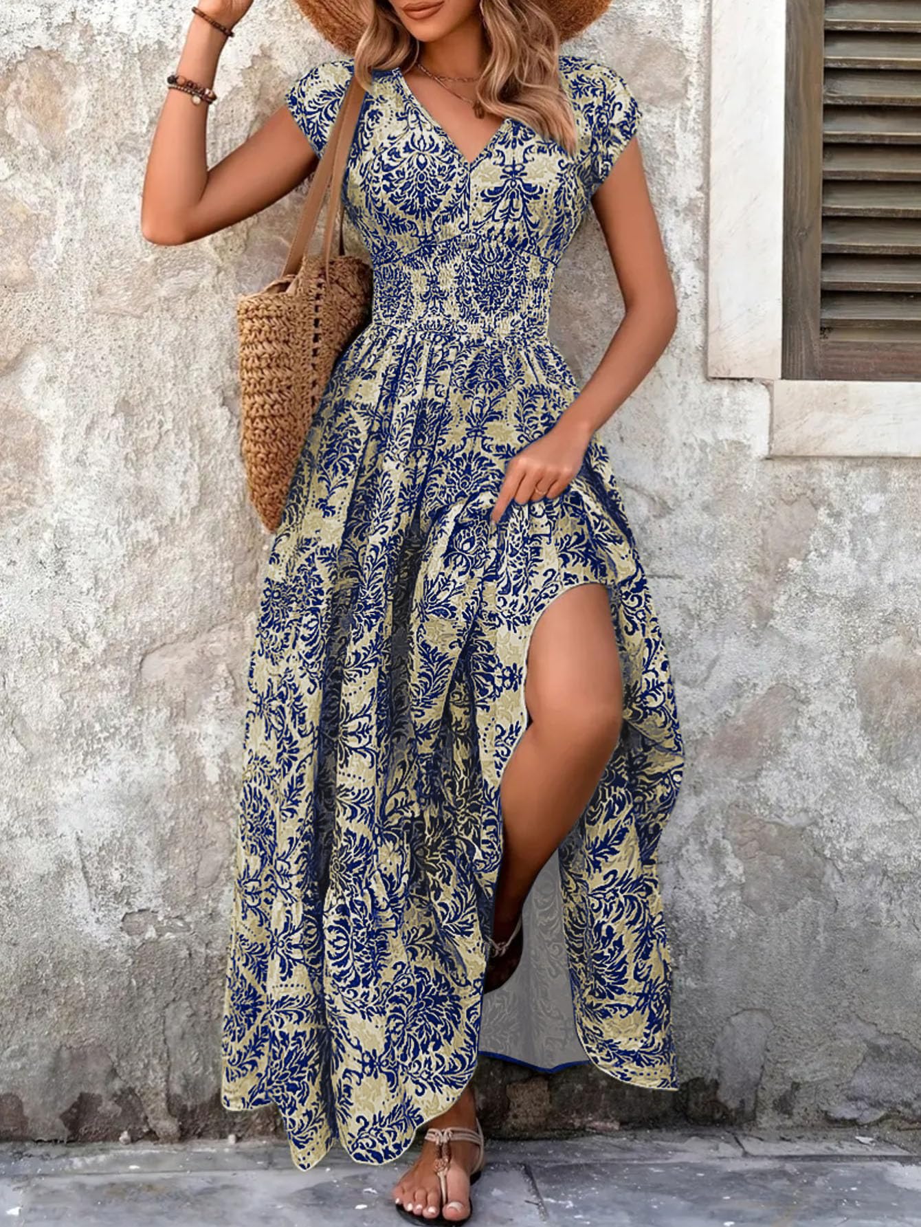Retro Print Dress Fashion Elegant V Neck Short Sleeve Long Dress Clothing Women