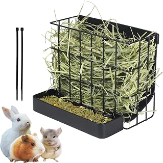 Rabbit Hay Feeder with Hook Heavy-Duty Metal,Internal Sloping Design，Large Hay & Feed Two in One Feeding Rack for Bunny,Rabbit，Chinchillas,Comes with Two Multifunctional Zippers