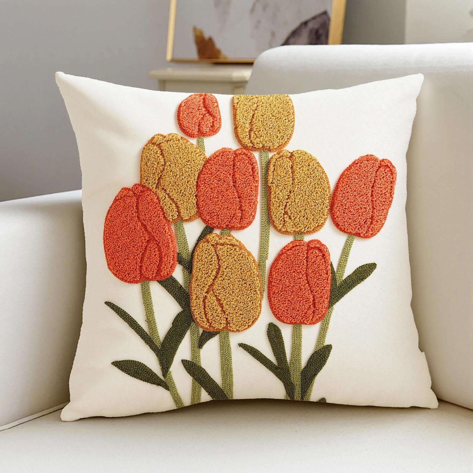 18 x 18 Inch Cushion Cover Embroidered Cotton Canvas Floral Decorative Throw Pil