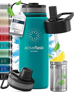 BeMaxx Active Flash Thermal Water Bottle with Straw 1 Litre 750 ml 500 ml (3 Infuser Caps for Tea and Fruit), BPA Free | Insulated Stainless Steel Bottle - Sports Gym Office Fitness