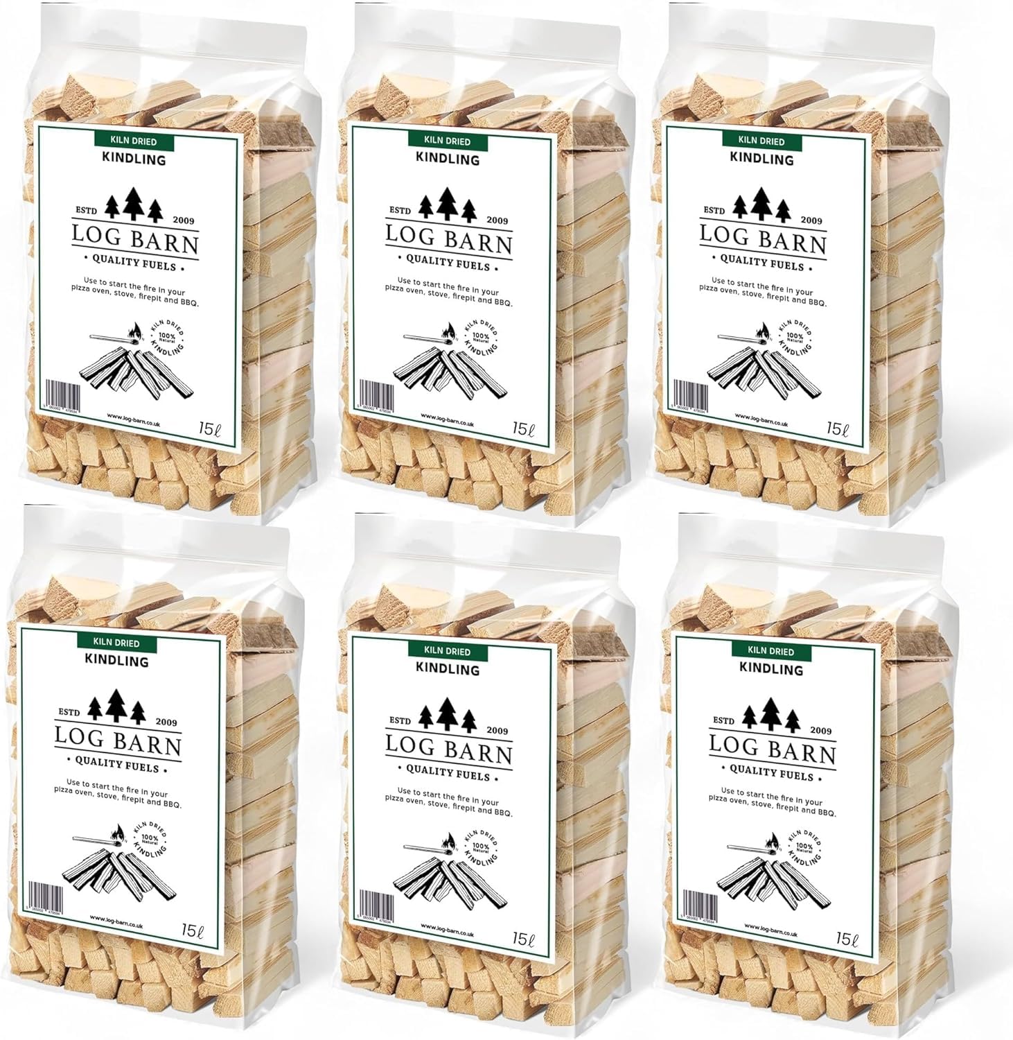 Log Barn Kiln-Dried Kindling Wood for Fires – approx. 13kg 6 x 15l bags | Clean 
