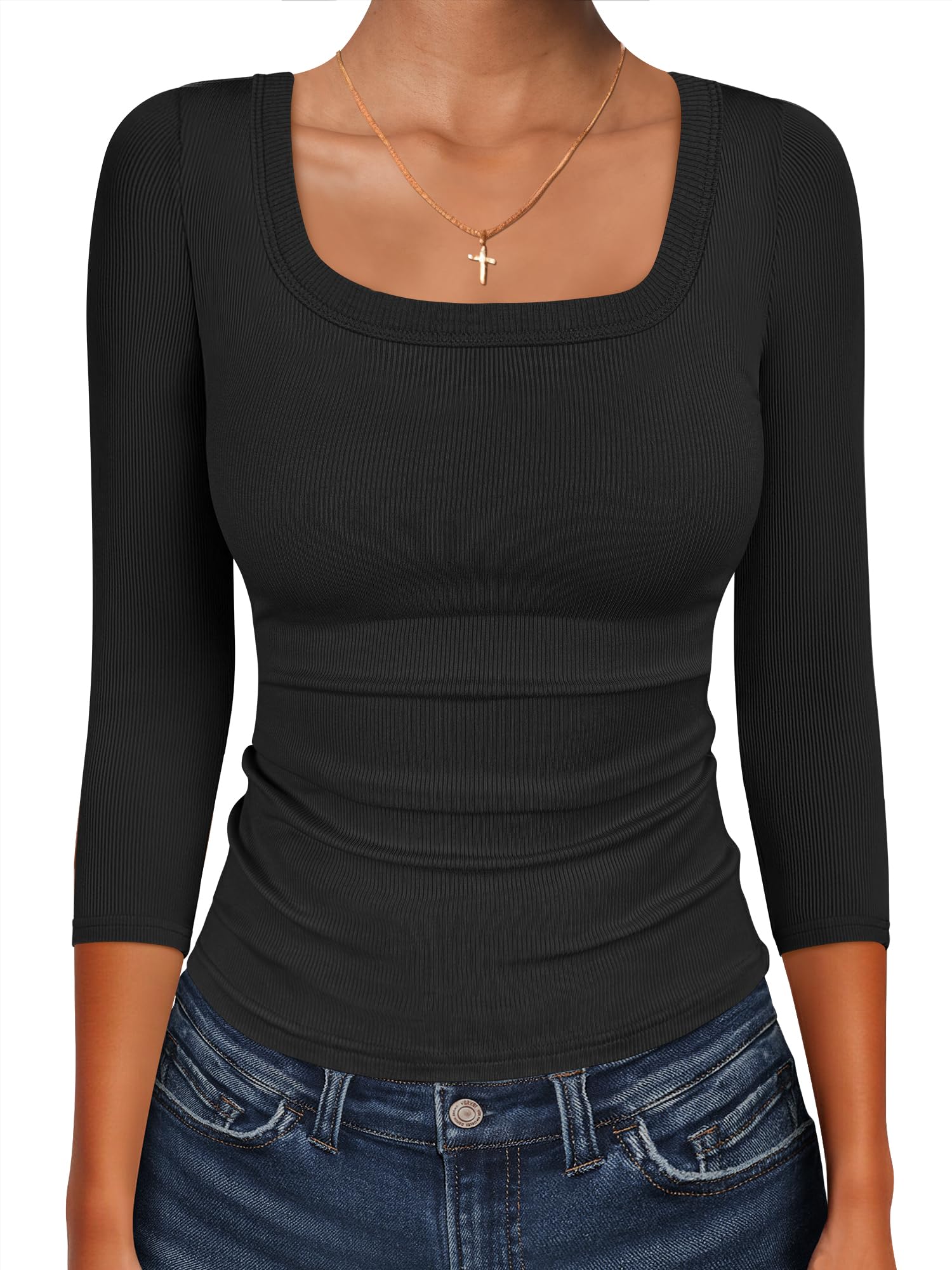 ANRABESS Womens 3/4 Sleeve Tops Scoop Neck Fitted Ribbed Tee Shirts