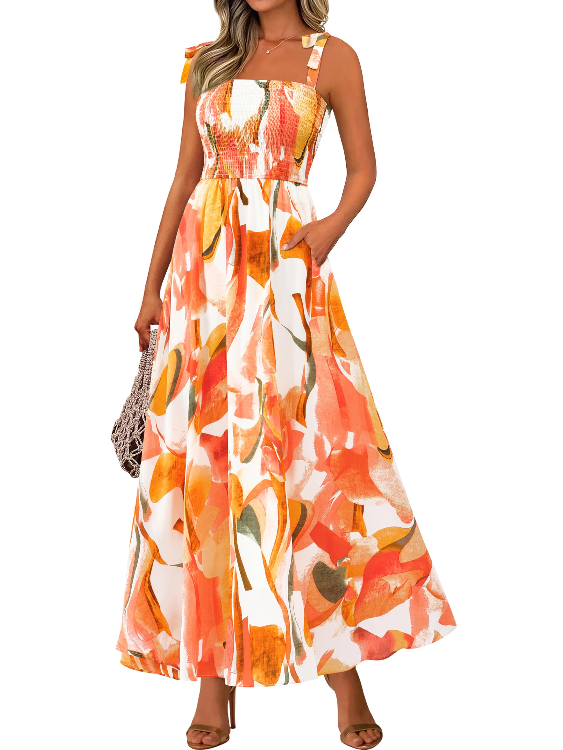 PRETTYGARDEN Womens Summer Dress Floral Smocked Maxi Dresses Beach Sundress