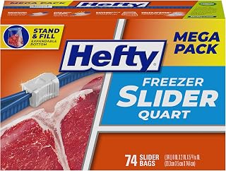 Hefty Slider Freezer Bags, Quart Size, 74ct | Quart Freezer Bags, Freeze Leftovers, Meat, Fruit, Veggies, Desserts, Secure Slider Closure