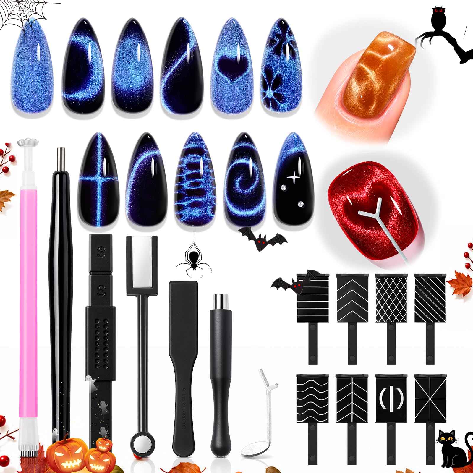 modelones Cat Eye Magnet Nail Art Tool, 15PCS Brown Cat Eye Gel Polish Nail Stuf