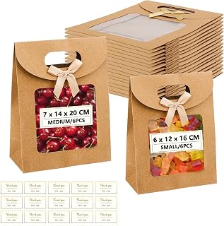 DesertBoy 12 Pcs Kraft Paper Packaging Bags with 1 Sheet Sticker,Gift Bags with Clear Window,Stand Up Gift Bag with Handles,Kraft Paper Bag with Window for Present Cookies(12 * 16 * 6cm/14 * 20 * 7cm)