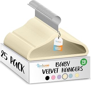 Techzoo Premium Baby Velvet Hangers 25 Pack – 11.8" Non Slip Felt Cloth Hangers for Closet – Ultra Slim, Space Saving Baby Clothes Hangers with 360° Swivel Hook Infant Hangers – Beige