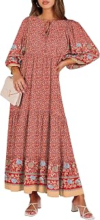 ANRABESS Womens Boho Maxi Dresses 2026 Summer V Neck Puff Sleeve Floral Flowy Swing Fall Casual Long Dress