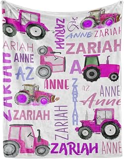 Personalized Tractors Blanket - Custom Name with Farm Tractor Trucks Design - Soft Plush Minky Flannel Bed Blanket for Baby Kid Teen Boys Girls Customized Gifts White & Purple