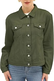 Argstar Vestes en jean pour femme boutonnées à manches longues - Veste de camionneur extensible tendance - Vert olive - M, vert olive, Medium