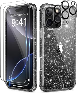 BERFY Glitter Case for iPhone 16 Pro Max with 2 Screen Protectors + 2 Camera Lens Protector Films, [Non-Yellow] Shockproof Hard Case Cover for iPhone 16 Pro Max