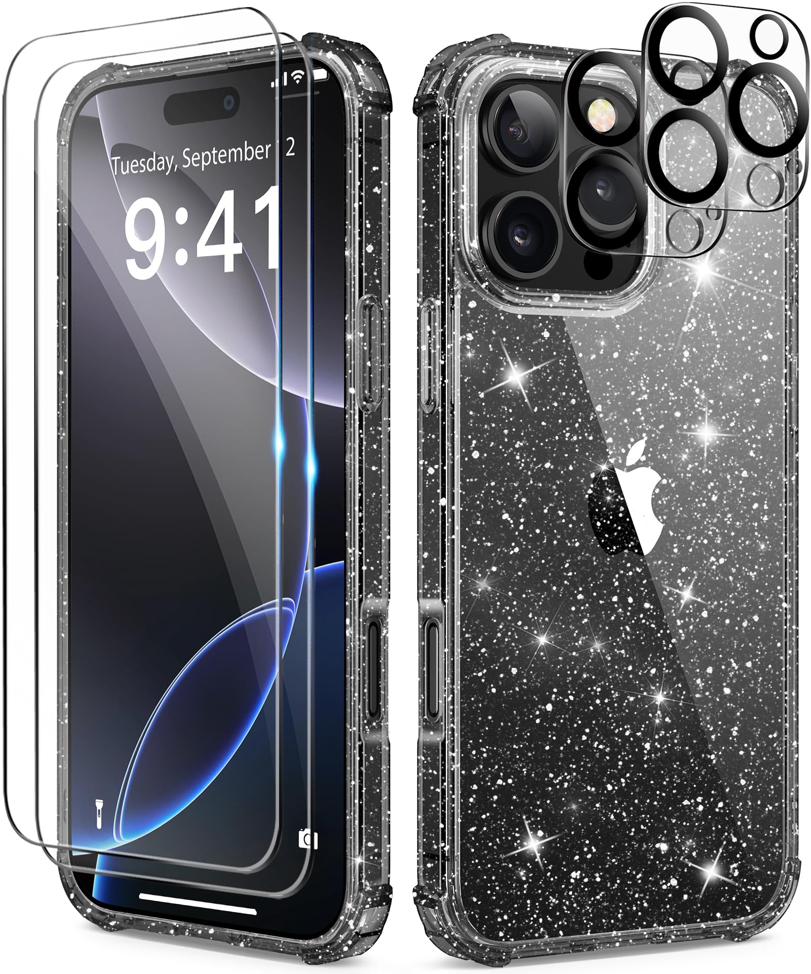 BERFY Glitter Case for iPhone 16 Pro Max with 2 Screen Protectors + 2 Camera Len