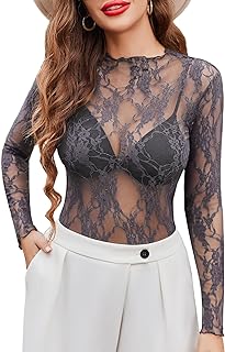 Avidlove レディース メッシュトップ 長袖 モックネック シアーブラウス シースルー フローラルレーストップス