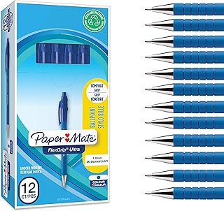 Paper Mate Flexgrip Ultra Retractable Ballpoint Pens | Medium Point (1.0mm) | Handwriting Pens & Stationery Supplies | Blue Pen Set | 12 Count