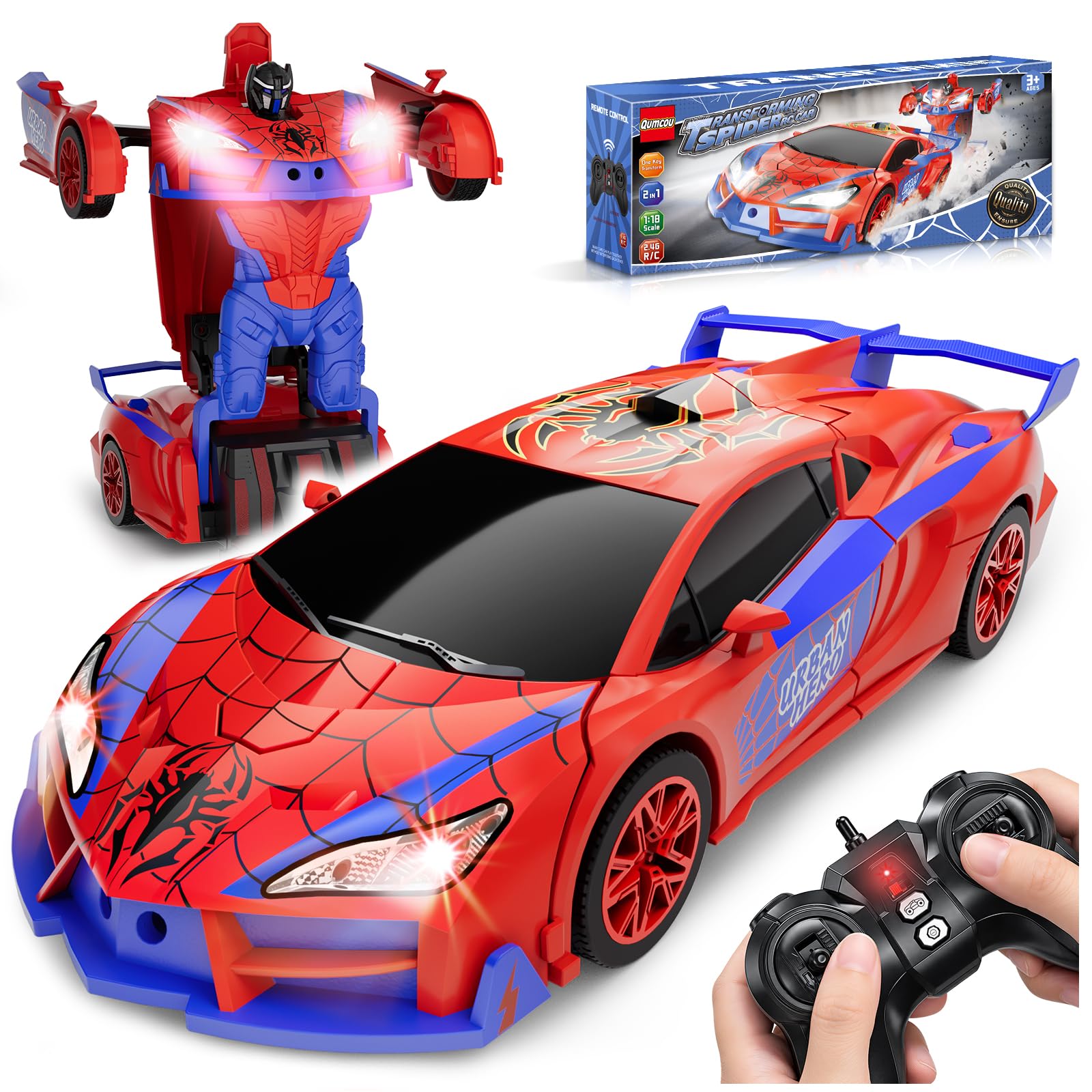 Qumcou Spider-Themed Toys for Boys 3-8,1:16 Transforming Remote Control Car | Ea