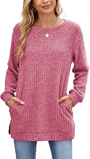 Famulily Women's Long Sleeve Elegant Crew Neck Ribbed Jumper with Loose Side Slits with Pockets