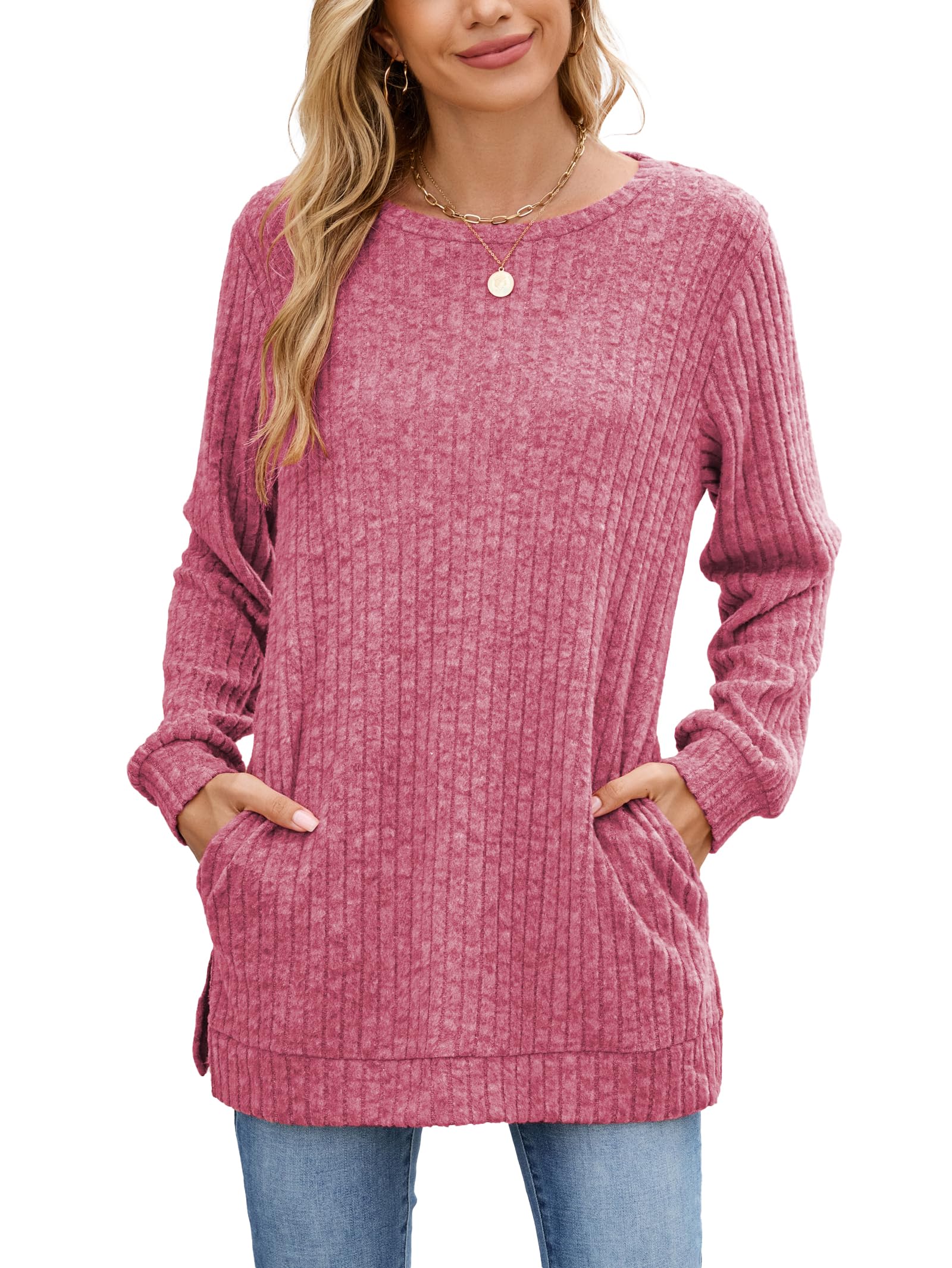 Famulily Women's Long Sleeve Elegant Crew Neck Ribbed Jumper with Loose Side Sli