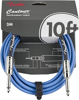 Fender Contour Instrument Cable, Straight/Straight, 10ft, Lake Placid Blue | Electric Guitar Cable, 1/4" Straight Plugs, Oxygen Free Copper Shielding, Low Noise, Nickel Plated