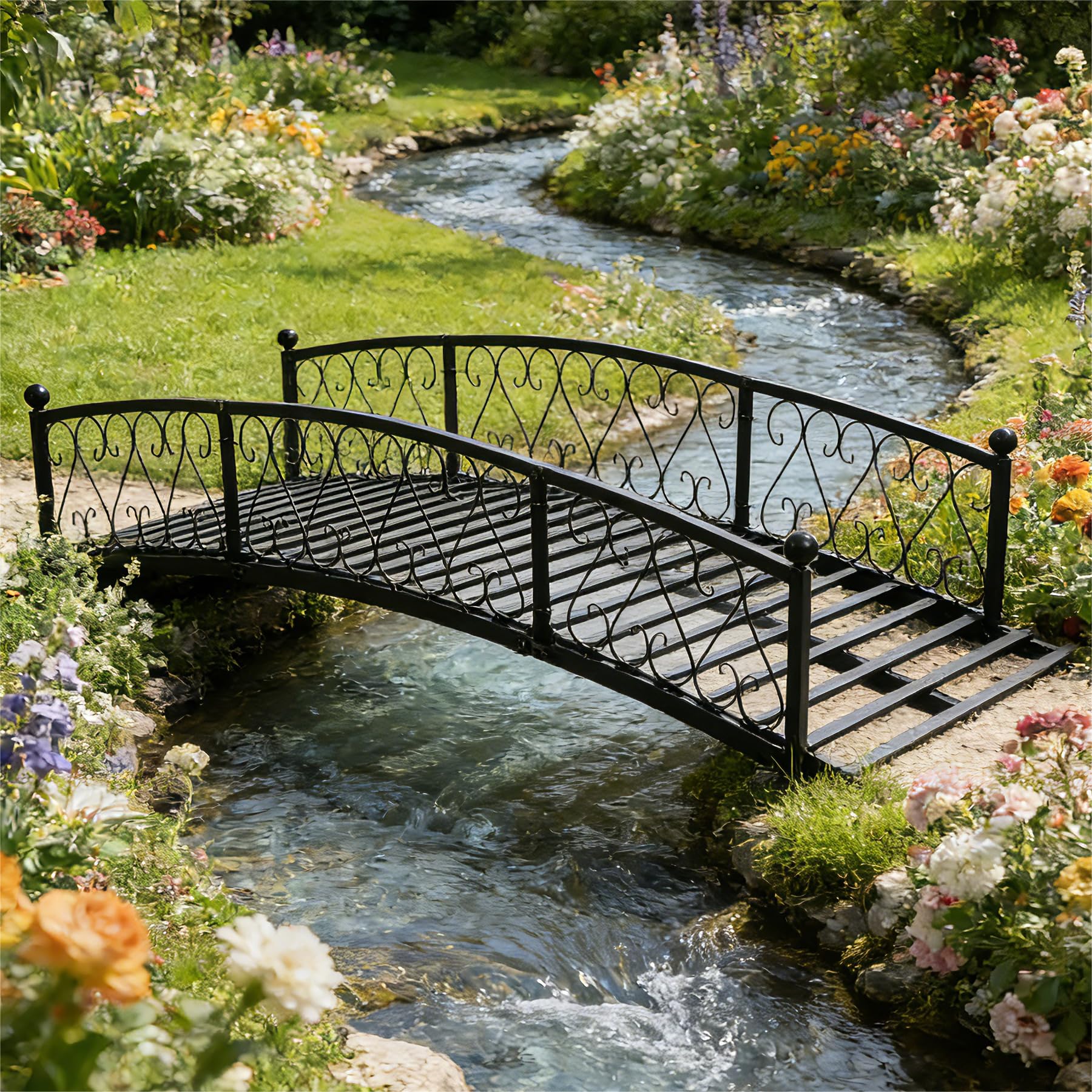 Garturects Metal Garden Bridge 8 FT - Durable Decorative Footbridge with Siderai