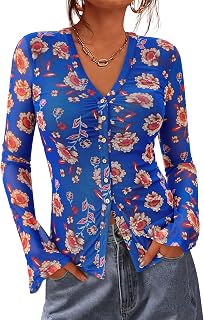 BTFBM Button Down Shirts for Women 2025 Casual V Neck Long Sleeve Autumn Top Lightweight Pleated Slim Fit Floral Top