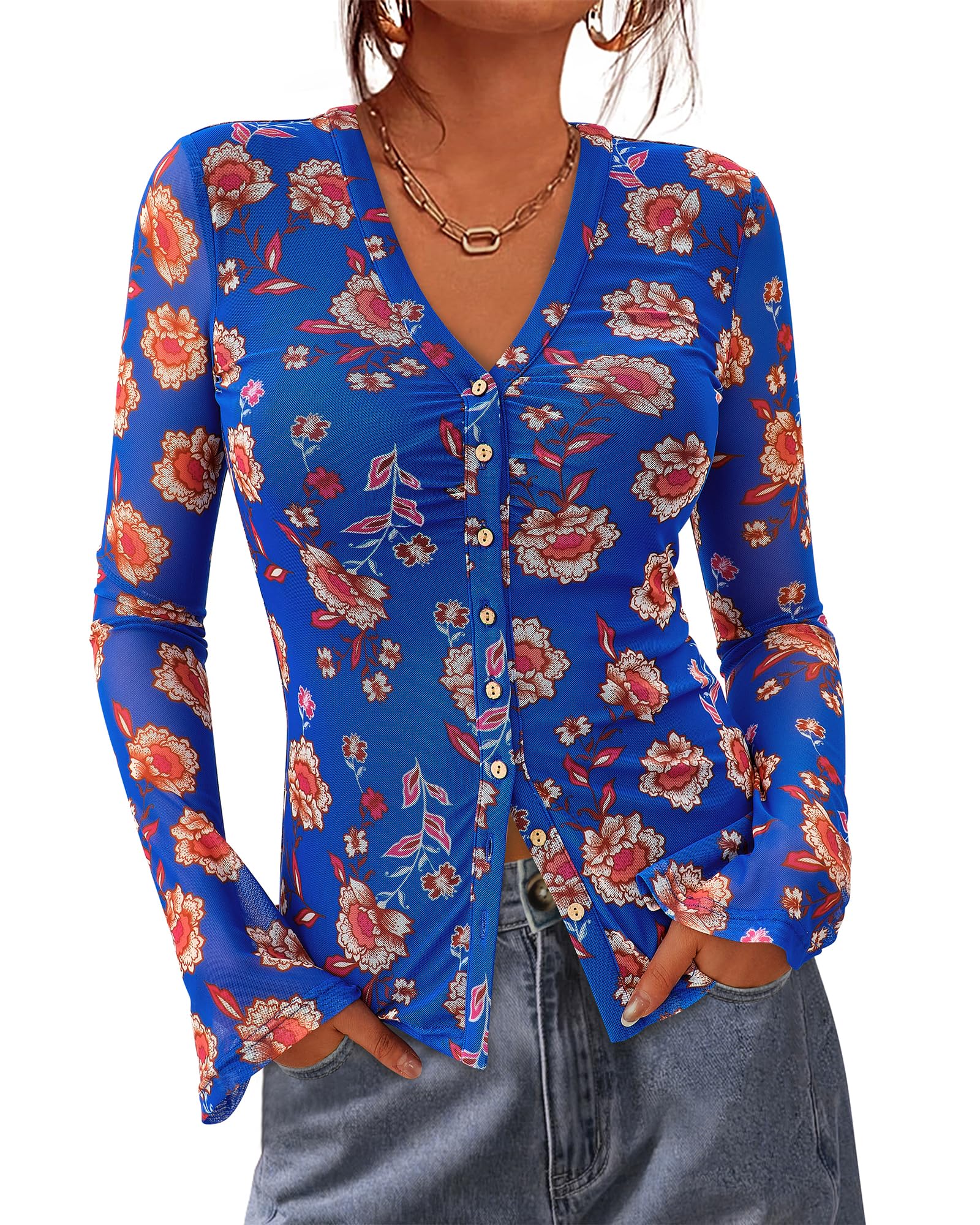 BTFBM Button Down Shirts for Women 2025 Casual V Neck Long Sleeve Autumn Top Lig