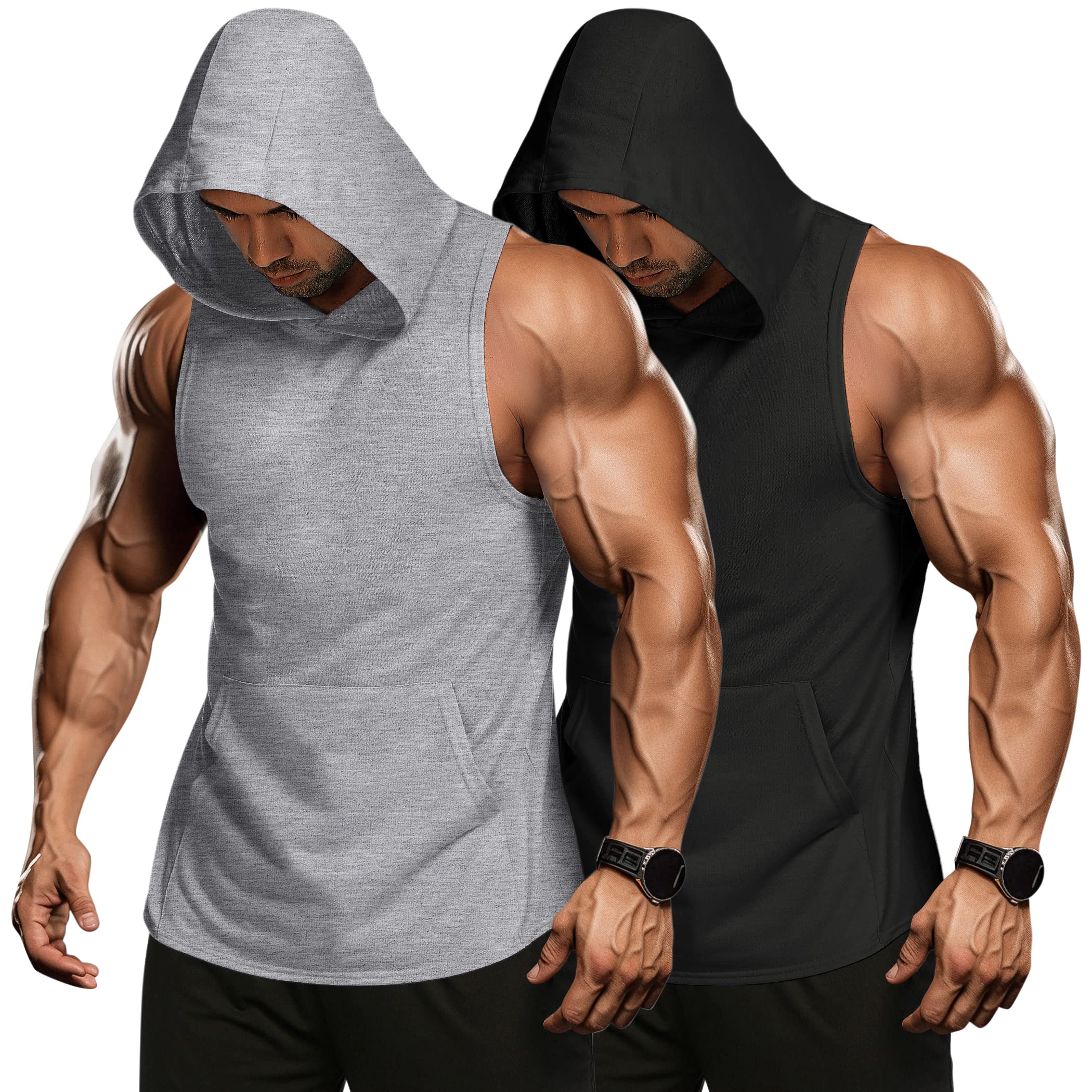 COOFANDY Men's 2 Pack Workout Hooded Tank Top Bodybuilding Muscle Cut Off Tee Sl