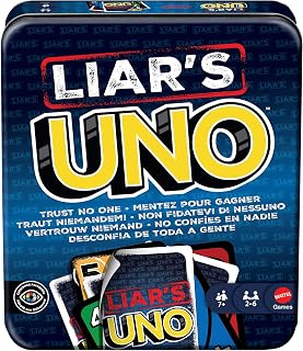 Mattel Games Liar’s UNO Card Game in Storage Tin,Ages 7+, 2-6 Players | Bluffing & Trickery Play, Outwit Other Players for Kids, Teens & Family Game Night, JLH68
