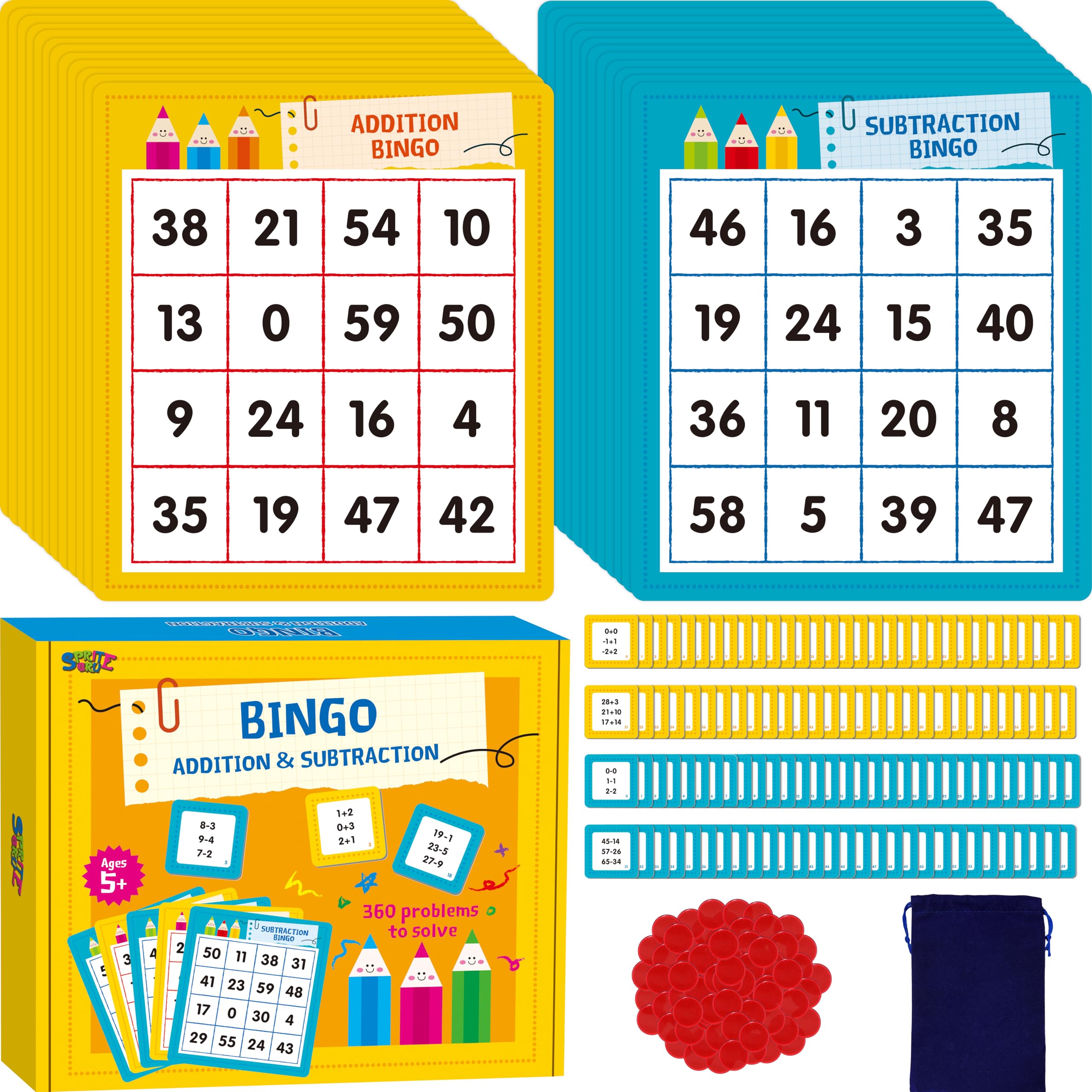 Addition & Subtraction Bingo Game, 360 Math Problems, 2 Educational Math Board G