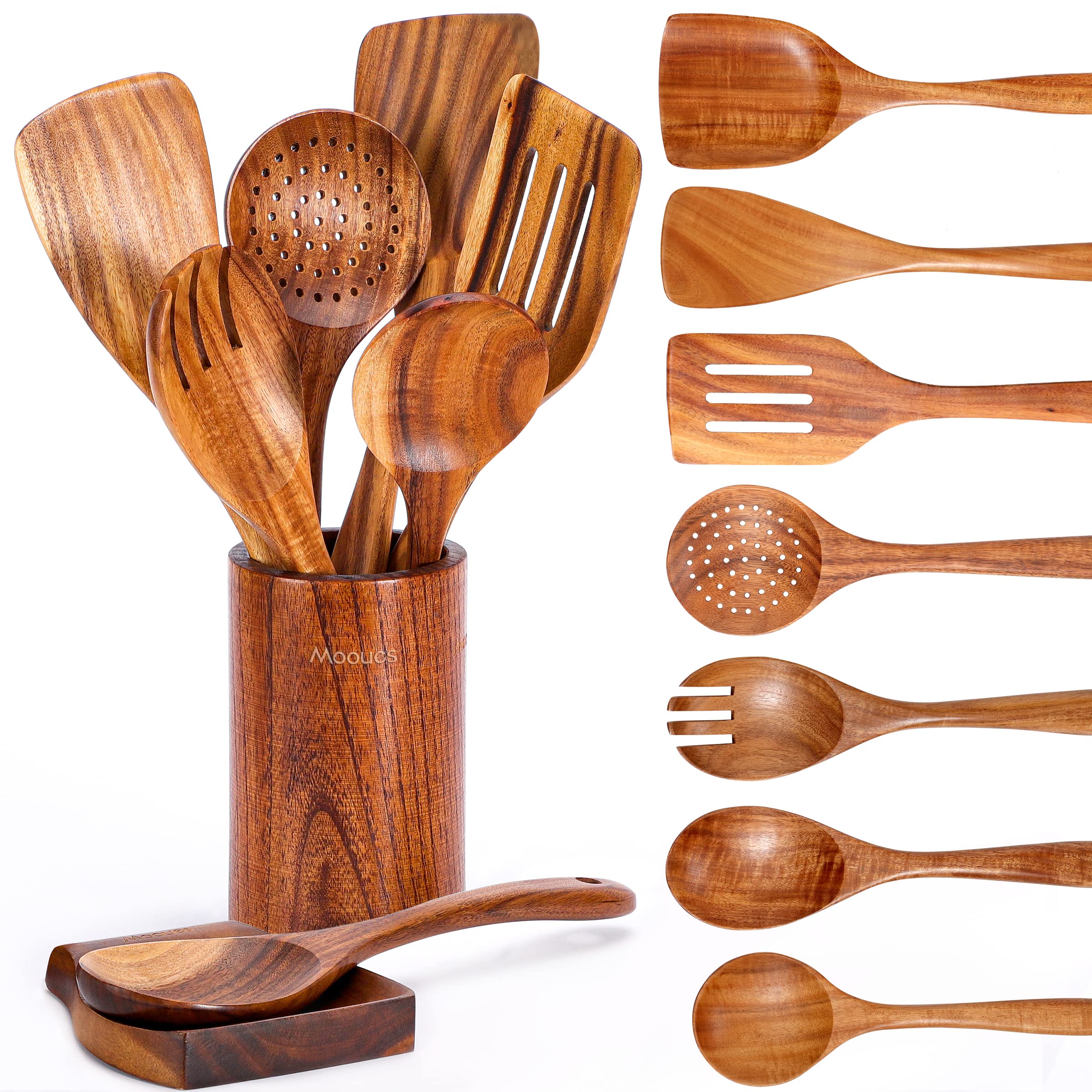 Mooues Wooden Kitchen Utensil Set, 9 Piece Natural Teak with Spoon Rest | Wooden