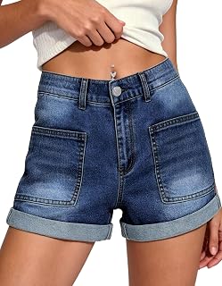 HVEPUO Women's Mid/High Waisted Jean Shorts Cuffed Hem Stretch Denim Shorts