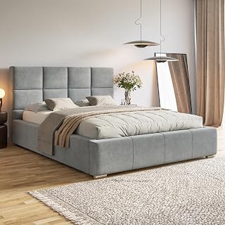 MOTIVENA Luna Bed Frame 120 x 200 cm with Bed Base without Mattress, with Storage, Upholstered, with Feet, Velvet, with Headboard Chest 120 x 200 cm Light Grey