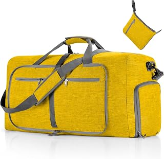 Vomgomfom Foldable Travel Bag, 65L Foldable Travel Duffel Bag with Shoes Compartment, Overnight Bag for Men, Women, Waterproof and Tear Resistant, L yellow